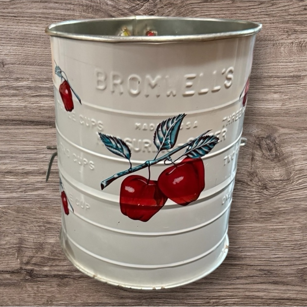Vintage Bromwell's Flour Sifter with Red Apple Design